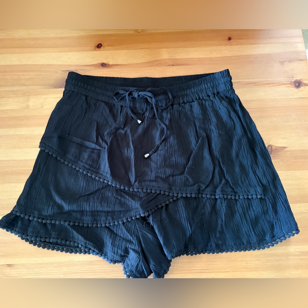 ZARA Smocked Ruffled Tiered Black Gauze Drawstring Skort Size Medium NWT - Picture 2 of 14